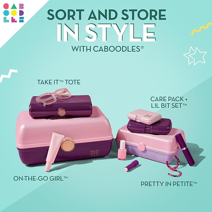 Caboodles Pretty in Petite Makeup Box, Hard Plastic Organizer Box, 2 Swivel Trays, Fashion Mirror, Secure Latch for Safe Travel