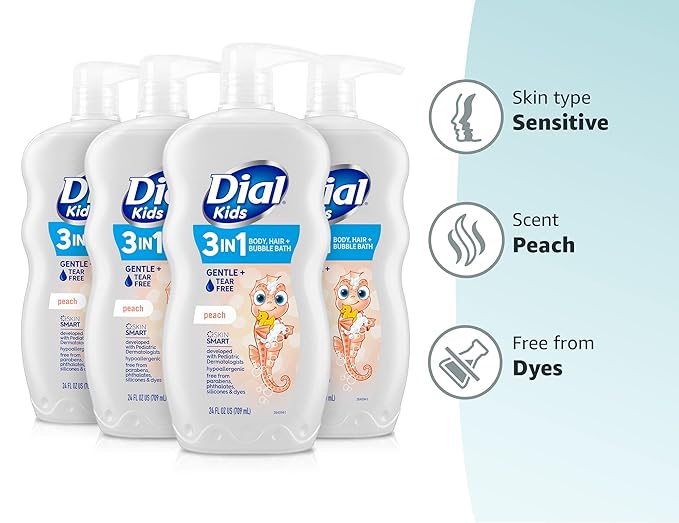 Dial Kids 3-in-1 Body + Hair + Bubble Bath, Peach, 24 fl oz (Pack of 4)