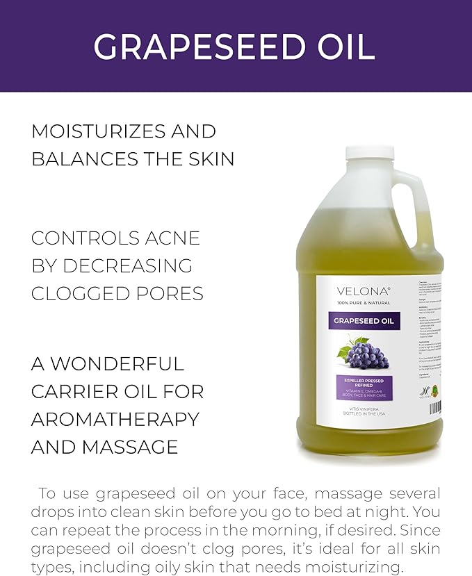 velona Grapeseed Oil 64 fl oz | 100% Pure and Natural Carrier Oil | Refined, Cold pressed | Skin, Face, Body, Hair Care | Use Today - Enjoy Results