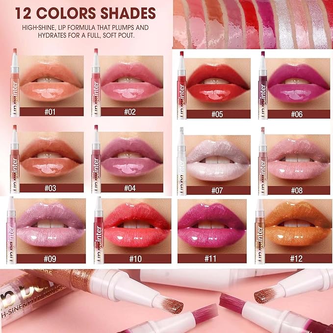 2 in 1 Red lip gloss Lip Plumper Gloss Tinted Glitter Shimmer Lipgloss Lipstick Moisturizing High Shine And Vegan Plumping Lip Gloss For Women Girls Long-Lasting Dry Lip Care base bulk best(05#)