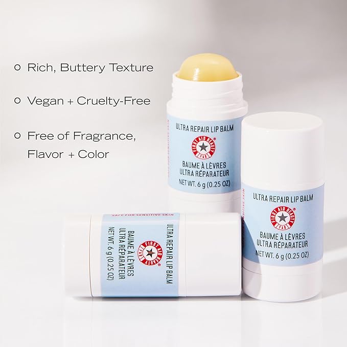 First Aid Beauty - Ultra Repair Lip Balm, Instant Hydration and Moisture for Soft, Supple & Plump Lips, Concentrated Formula of Botanical Oils, Butters & Waxes, Cruelty Free, 0.25 oz, 3ct
