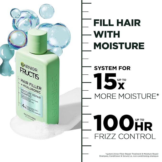Garnier Fructis Hair Filler Moisture Repair Shampoo, Sulfate Free Shampoo for Curly, Wavy Hair with Hyaluronic Acid, 10.1 Fl Oz, 1 Count