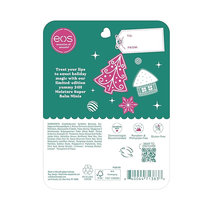 eos Holiday 24H Moisture Mini Super Balm Set- Speculoos Cookie Butter, Iced Gingerbread, Vanilla Cake Batter, Limited-Edition Lip Care, Stocking Stuffers, 0.20 fl oz, 3-Pack