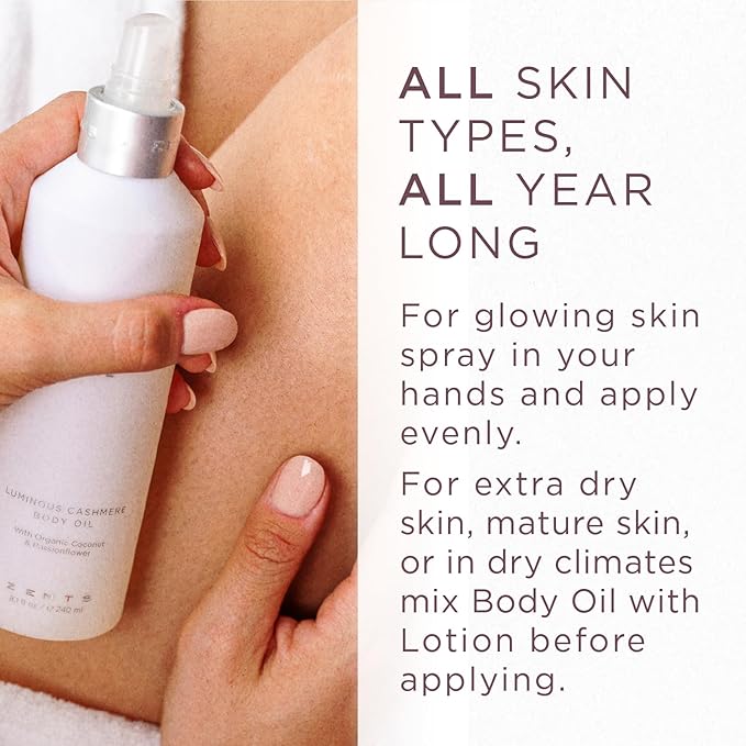 Zents Luminous Cashmere Body Oil (Ore Fragrance) | Moisturizing Body Oil with Vitamin E & Organic Coconut Oil | Softens & Smooths Skin | 8 fl oz