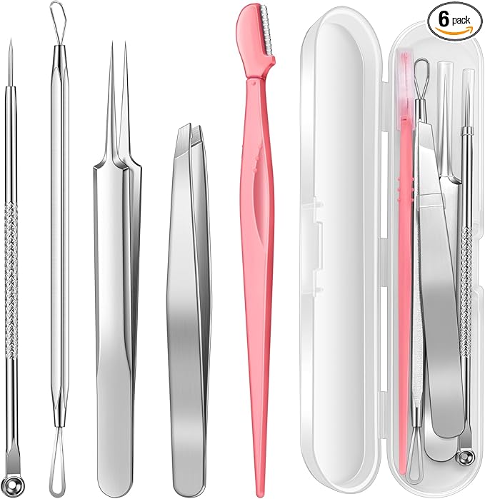 TsMADDTs Blackhead Remover Tools, Ingrown Hair Tweezers, Pimple Popper Tool Kit, Blackhead Extractor, Eyebrows Tweezers for Women Facial Hair Razors