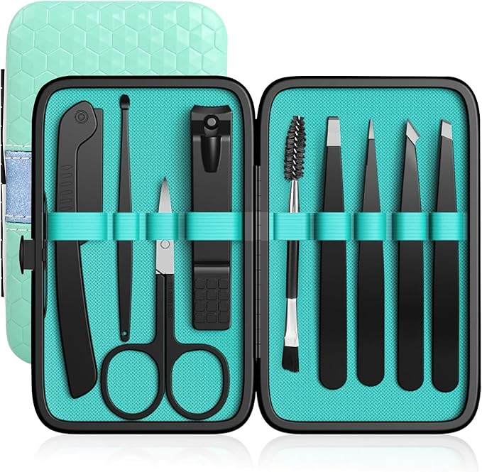 Tweezers Set, Hyxhappy 9 pcs Professional Stainless Steel Tweezers Kit for Facial Hair, Great Precision Eyebrow Plucke Tweezer with Luxurious Travel Case for Daily Beauty Tools