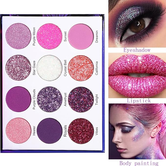 Purple Pink Glitter Eyeshadow Palette - 12 Color Shimmer High Pigmented Powder Lasting Waterproof Colorful Eyeshadow Palette for Girl Women