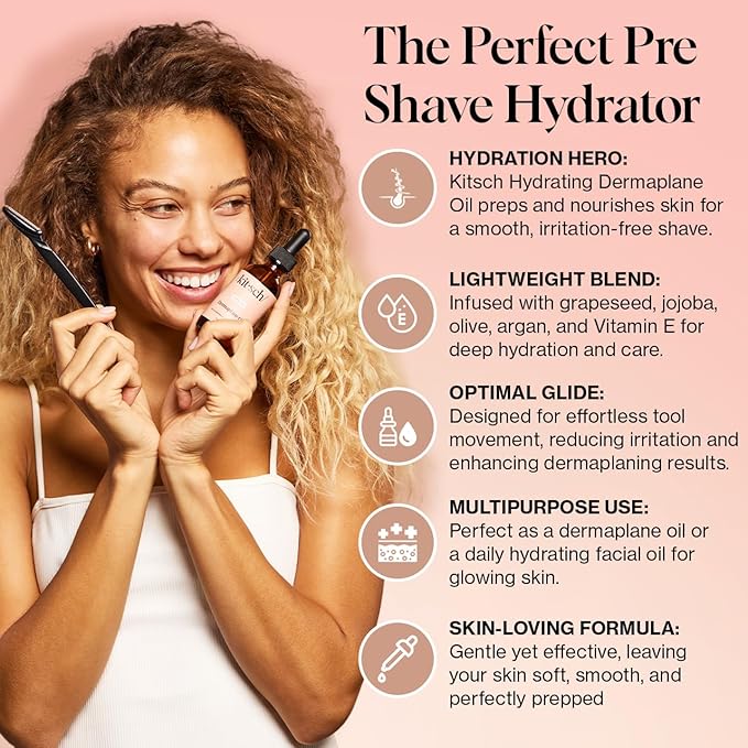 Kitsch Hydrating Dermaplane Oil, Face Shaving Oil for Women - use with Dermaplaning Tool, Razor, Shaver or Microblades for Face for Close Shave, with jojoba, vitamin E, grapeseed & argan oil - 2oz