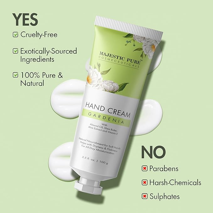 Majestic Pure, Gardenia Hand Cream | 100% Pure & Natural | Helps in Nourishment and Soft Hands | Almond Oil, Aloe Vera Extract, Shea Butter | 3.5 Fl Oz