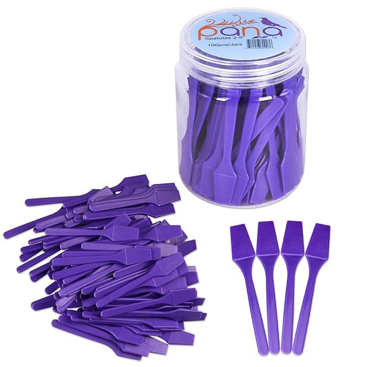 PANA 100pcs Brand Cosmetic Make Up Disposable Plastic 2.5" Spatulas Skin Care Facial Cream Mask Spatula (100 Pieces in a Container) (PURPLE)