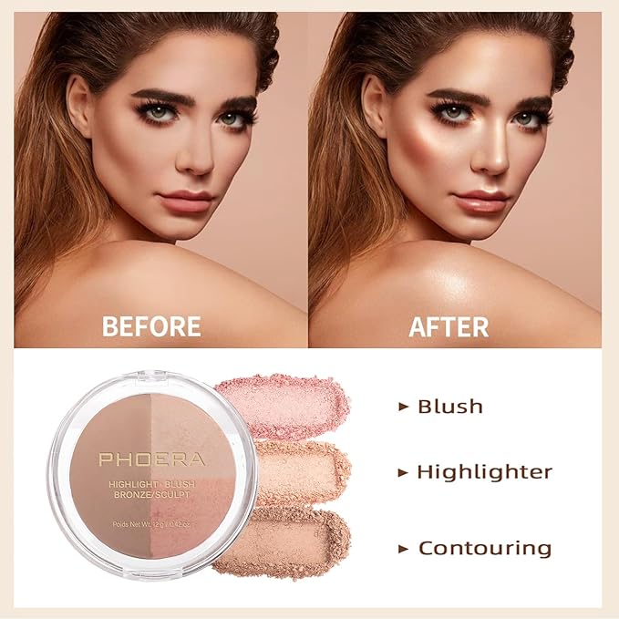 PHOERA Foundation, PHOERA Contour Palette,Shades with Highlighter & Beige+Buff Beige+#002)