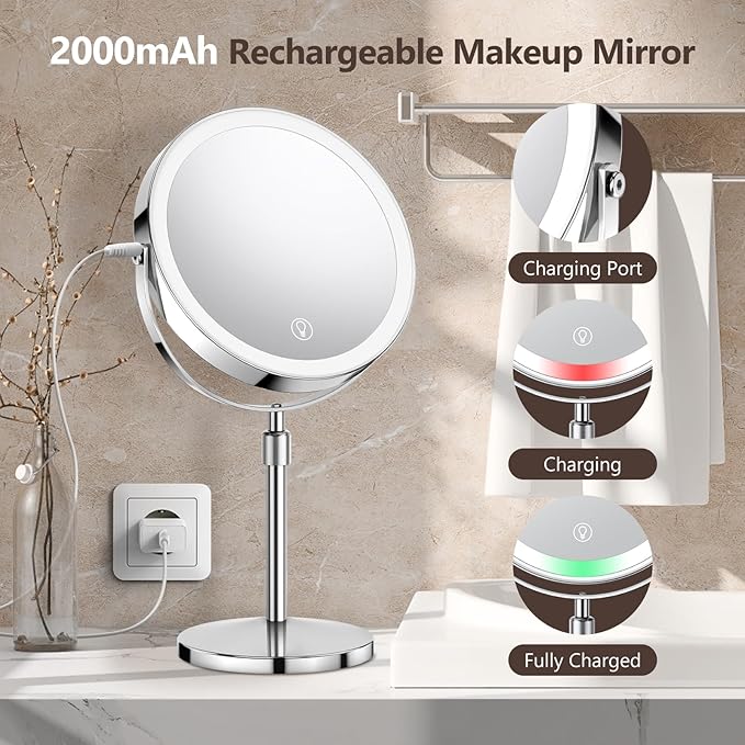 Lighted Makeup Mirror, Rechargeable Height Adjustable Double Sided, 1x/10x Magnifying with 3 Color, Brightness Adjustable, 360° Rotation Vanity, Gift for Women