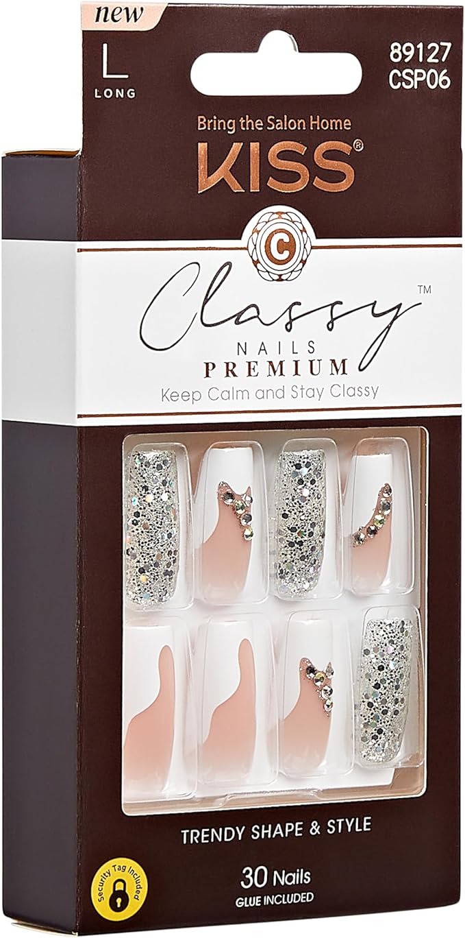 KISS Premium Classy Fake Nails - Stay Modish, Long & Square, Super Glam, Jewel Accents, Waterproof, Smudge Proof, No Dry Time, Durable, Takes Minutes, Quick & Easy | 30 Count