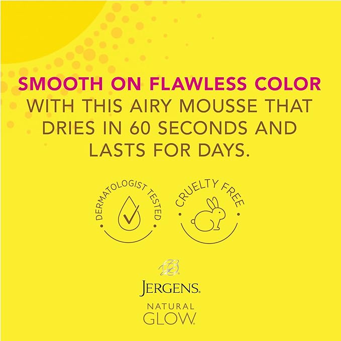 Jergens Natural Glow Instant Sun Body Mousse, Self Tanner for Deep Bronze Tan, Sunless Tanning Body Bronzer, Natural Looking Fake Tan, 6 Oz