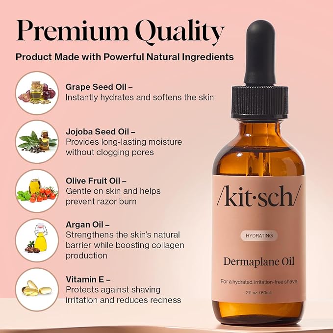 Kitsch Hydrating Dermaplane Oil, Face Shaving Oil for Women - use with Dermaplaning Tool, Razor, Shaver or Microblades for Face for Close Shave, with jojoba, vitamin E, grapeseed & argan oil - 2oz