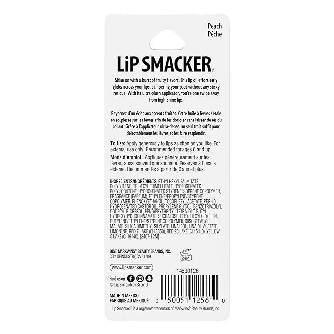 Lip Smacker Fruit Glaze Lip Oil, Ultra-Hydrating & Moisturizing with High-Shine Finish, Plush Applicator for Effortless Glide, Delicious Non-Sticky Flavor - Peach