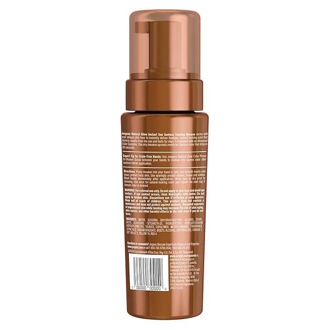 Jergens Natural Glow Instant Self Tanner Mousse, Sunless Tanning Light Bronze Tan, for a Natural-looking Tan, 6 Oz, Pack of 2