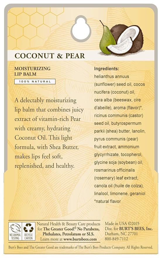 Burt's Bees Lip Balm - Coconut and Pear, Lip Moisturizer With Responsibly Sourced Beeswax, Tint-Free, Natural Origin Conditioning Treatment, 2 Tubes, 0.15 oz.