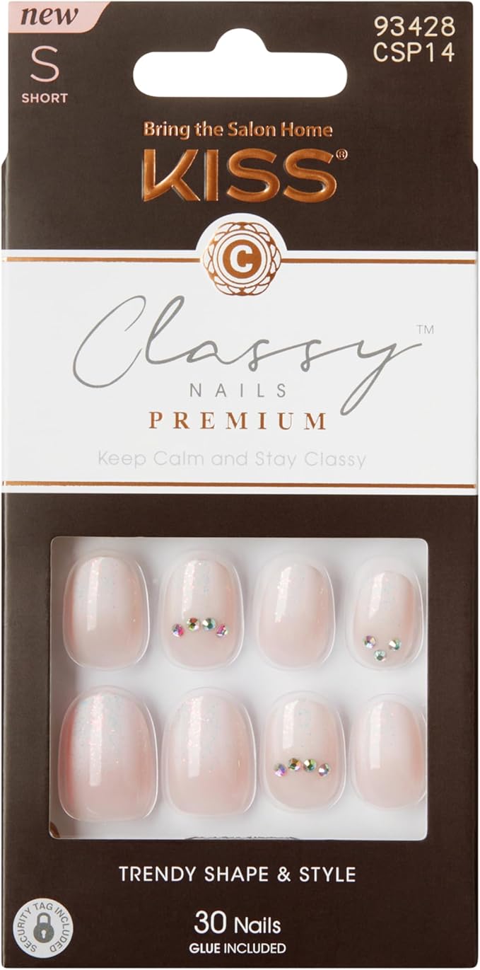 KISS Classy, Press-On Nails, Nail glue included, 'On Stage', Off white, Short Size, Oval Shape, Includes 30 Nails, 2g Glue, 1 Manicure Stick, 1 Mini file