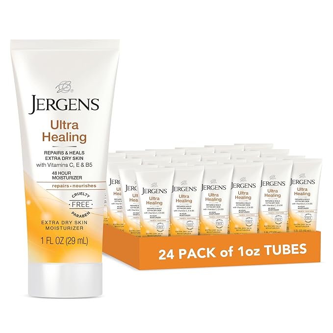 Jergens Ultra Healing Dry Skin Moisturizer, Travel Size Body and Hand Lotion, for Extra Dry Skin, Use After Washing Hands, HYDRALUCENCE blend, Vitamins C, E, B5, 1 Fl Oz (Pack of 24)