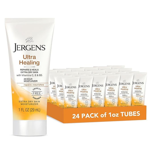 Jergens Ultra Healing Dry Skin Moisturizer, Travel Size Body and Hand Lotion, for Extra Dry Skin, Use After Washing Hands, HYDRALUCENCE blend, Vitamins C, E, B5, 1 Fl Oz (Pack of 24)