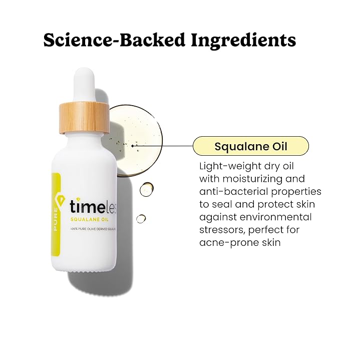 Timeless Skin Care Squalane Oil 100% Pure - Plant-Based Face Oil - Fragrance-Free - For Dry Skin - Moisturizing - 1 oz