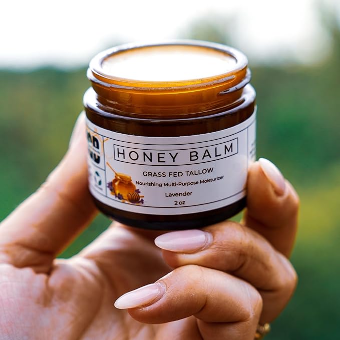 Tallow and Honey Balm, Organic Body Butter, Grass-Fed Beef Tallow for Skin, Soothing All-Natural Moisturizer for Body and Face | Made in USA - 2 oz (Lavender)