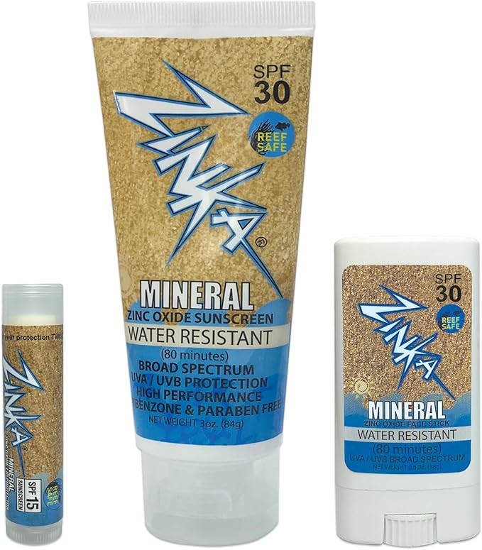 Zinka Sunscreen Personal Pack - Mineral Zinc Oxide for Face, Body, and Lips - Reef Safe and Water Resistant (Lotion SPF 30, Face Stick SPF 30, and Lip Balm SPF 15) - No Chemicals