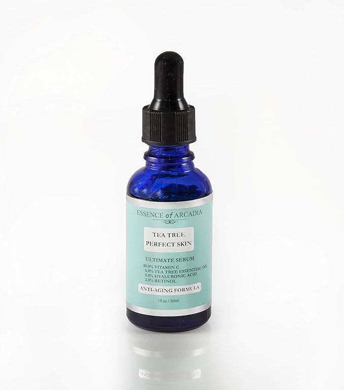 Tea Tree Perfect Skin Facial Serum, Ultimate Anti-Aging Formula for Acne-Prone Skin with 20% Vitamin C, Tea Tree Essential Oil, Retinol and Hyaluronic Acid for Clear, Soft, Radiant Skin.