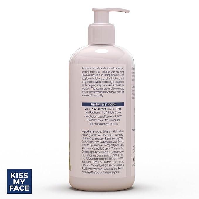 Kiss My Face De-Stress Hand & Body Lotion - Lemongrass + Juniper Berry - Soothing Rhodiola Rosea - With Hemp Seed Oil & Ashwagandha - Vegan & Cruelty-Free - 16 fl oz Bottle