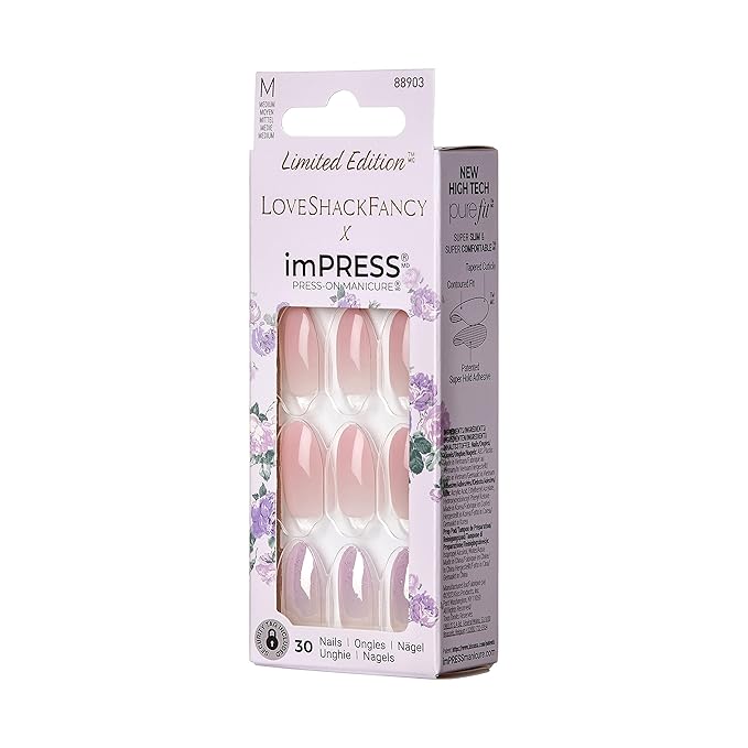 KISS LoveShackFancy x imPRESS Press-On Manicure Limited Edition, Style "Blushing Lavender" Medium Almond Pink Press-On Nails, Includes Prep Pad, Mini Nail File, Cuticle Stick, & 30 Fake Nails