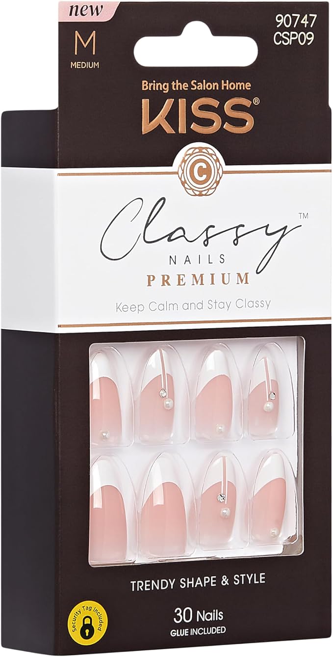 KISS Classy Nails Premium, Press-On Nails, Nail glue included, 'Highlights', French, Medium Size, Almond Shape, Includes 30 Nails, 2g glue, 1 Manicure Stick, 1 Mini File