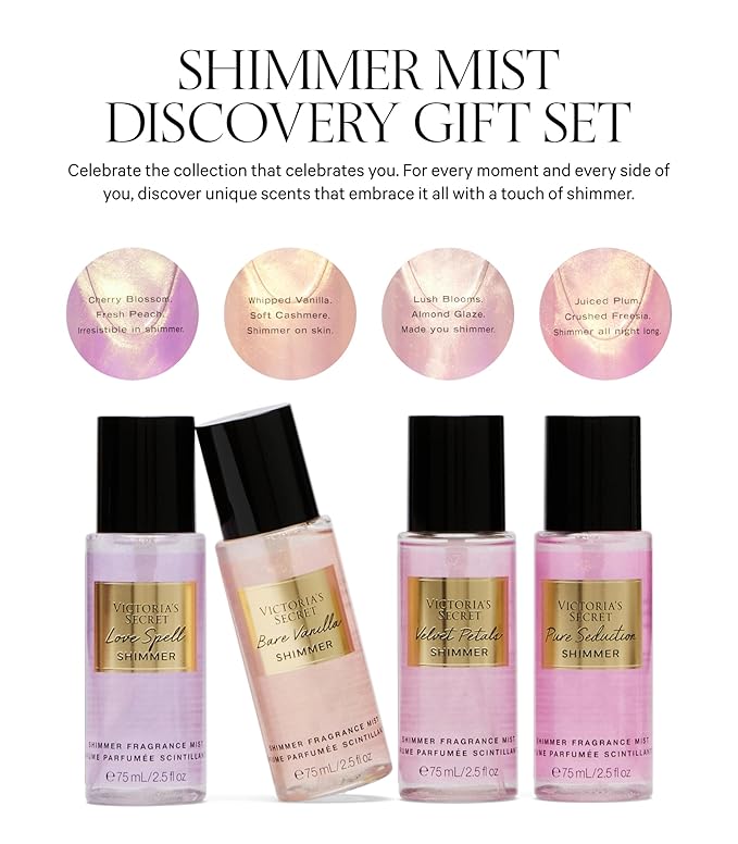 Victoria's Secret Fragrance Mist Collection 4 Piece Shimmer Mini Gift Set, Assorted Scents