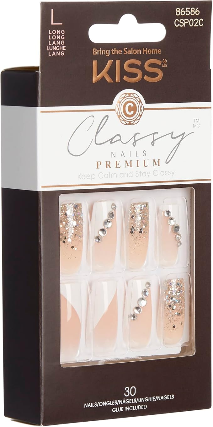 KISS Premium Classy Fake Nails French Manicure Set with Jeweled Rhinestone Nail Art Accents, Gorgeous', 30 Glue-On Nails 1 Count (Pack of 1)