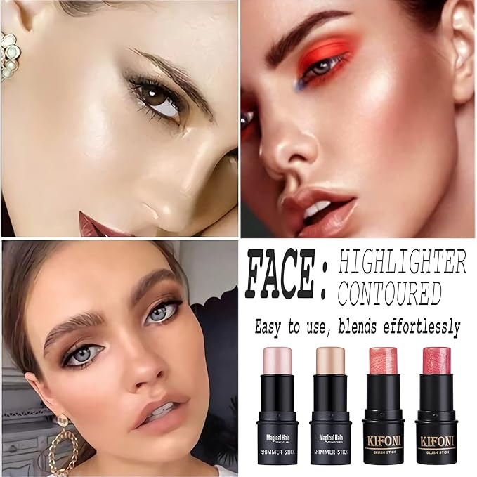 4 Pcs Cruelty-Free Waterproof Highlighter Makeup Sticks Shimmer