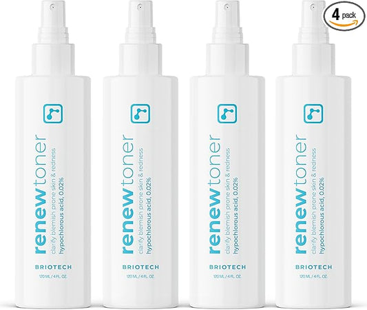 BRIOTECH Skin Renew Toner, Hypochlorous Acid Spray Topical Skin Spray for Face and Skin, Minimize Appearance of Blemishes, Soothing Mist for Redness & Bumps, 4 fl oz ea, 4 ct