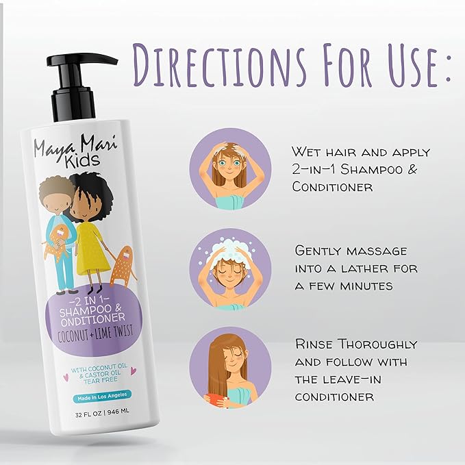 2 in 1 Natural Kids Shampoo and Conditioner, Tear Free | For Toddlers with Curly Hair | For All Kids Hair Types | Coconut & Lime Twist, Made in the USA, 32 Fl Oz