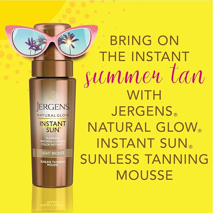 Jergens Natural Glow Instant Self Tanner Mousse, Sunless Tanning Light Bronze Tan, for a Natural-looking Tan, 6 Oz, Pack of 2