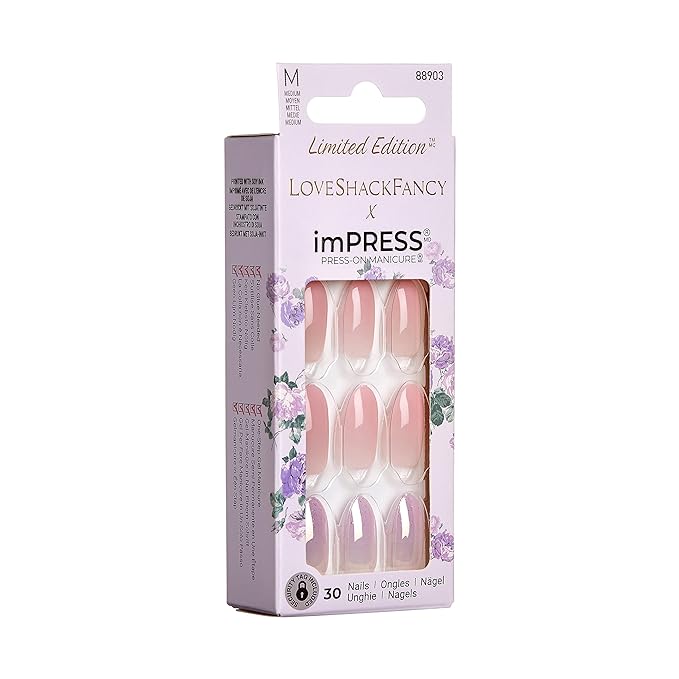 KISS LoveShackFancy x imPRESS Press-On Manicure Limited Edition, Style "Blushing Lavender" Medium Almond Pink Press-On Nails, Includes Prep Pad, Mini Nail File, Cuticle Stick, & 30 Fake Nails
