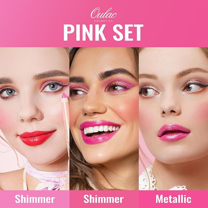 Oulac 3PCS Pink Lipstick Set | Metallic Lipstick, Moisturizing Lipstick, Lip Liner Stick | Smooth & Vegan | Ideal for Makeup Enthusiasts
