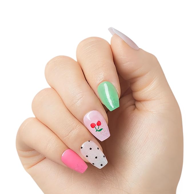 KISS Gel Fantasy, Press-On Nails, Nail glue included, 'Jelly Baby', Light Multicolor, Short Size, Coffin Shape, Includes 28 Nails, 2g Glue, 1 Manicure Stick, 1 Mini file