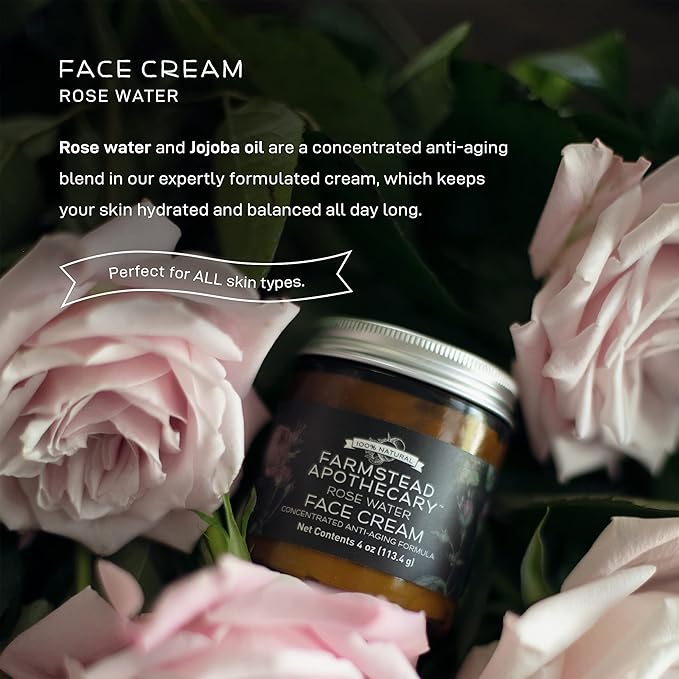 Farmstead Apothecary 100% Natural Anti-Aging Rose Water Face Cream 4 oz