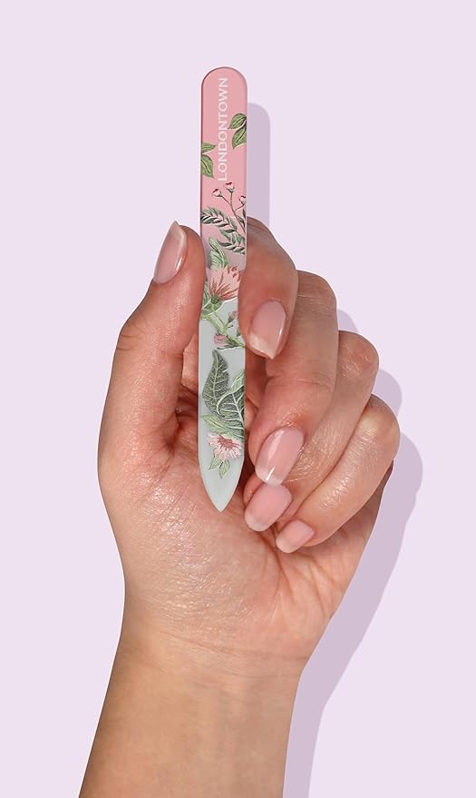 LONDONTOWN Safara Double-Sided Glass Nail File & Care Tool, Professional Grit Etched Crystal Manicure Accessory with Case Pouch