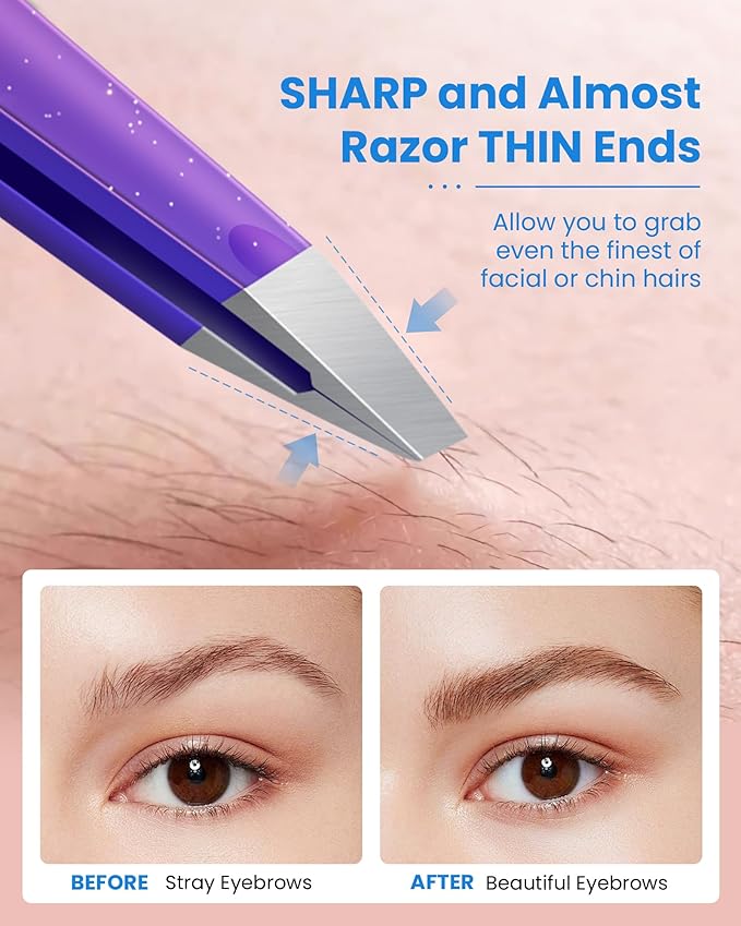 Expert Slant Tip Tweezers with Leather Travel Case, GlamTweeler Sharp & Precision Stainless Steel Tweezer for Eyebrows, Facial Hair and Fine Hairs Removal (Sparkle Deep Violet & Lavender)