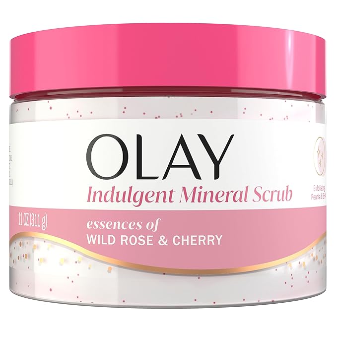 Olay Body Indulgent Mineral Scrub, Skin Exfoliating & Massaging Pearls, Nourishing Soft & Gentle Formula, Renewing BHA, Vitamin B3 Complex, Luxurious Fragrances, Wild Rose & Cherry Creme Scent, 11 oz