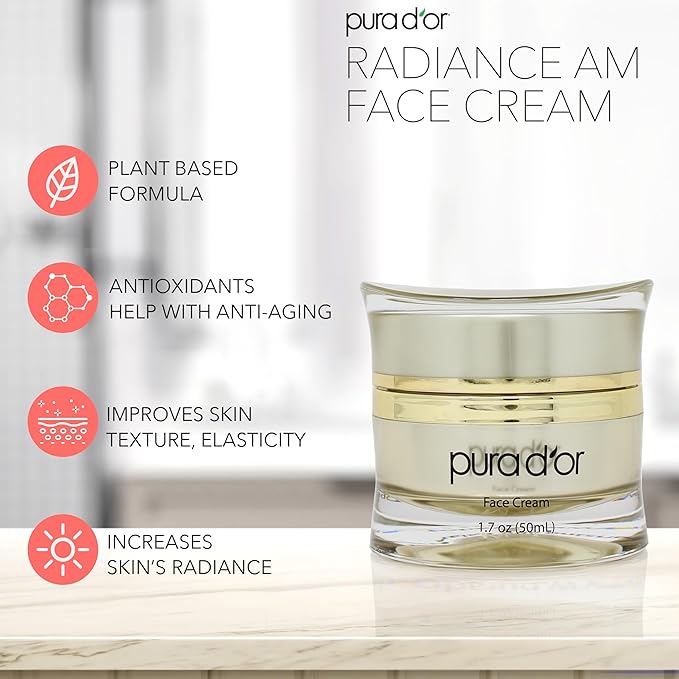 PURA D'OR 1.7 Oz Radiant Glow AM Face Cream - Methylene Blue, Polyphenols, Flavonoids, Apple Stem Cell Extract - Aloe Vera Base Anti-Aging Morning Moisturizer - Daily Facial Treatment For Women & Men