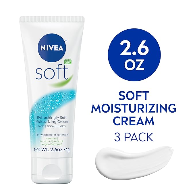 NIVEA Soft Refreshingly Soft Moisturizing Cream, Lightweight Moisturizer for Face, Body and Hands, Body Cream Enriched with Jojoba Oil and Vitamin E, 2.6 Oz Tube, Pack of 3