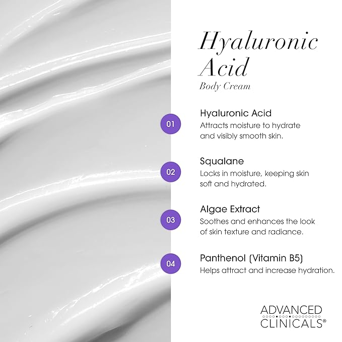 Advanced Clinicals Hyaluronic Acid Moisturizer Body Cream W/Vitamin E | Hydrating Cream & Body Lotion For Women & Men To Help Improve Look of Wrinkles, Dry Skin, Crepey Looking Skin, 16 Ounce