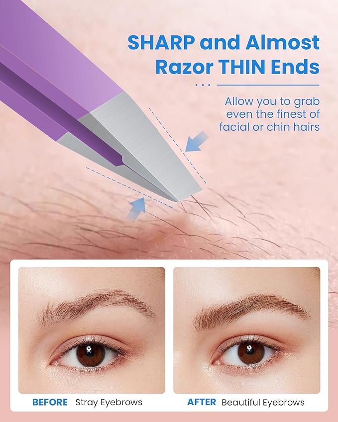 Expert Slant Tip Tweezers with Leather Case, GlamTweeler Sharp & Precision Stainless Steel Tweezer for Eyebrows, Facial Hair and Fine Hairs Removal (Violet)