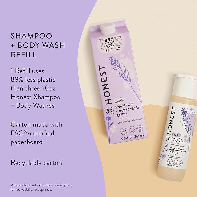 The Honest Company 2-in-1 Cleansing Shampoo + Body Wash Refill Carton | Gentle for Baby | Naturally Derived, Tear-free, Hypoallergenic | Lavender Calm, 32 fl oz